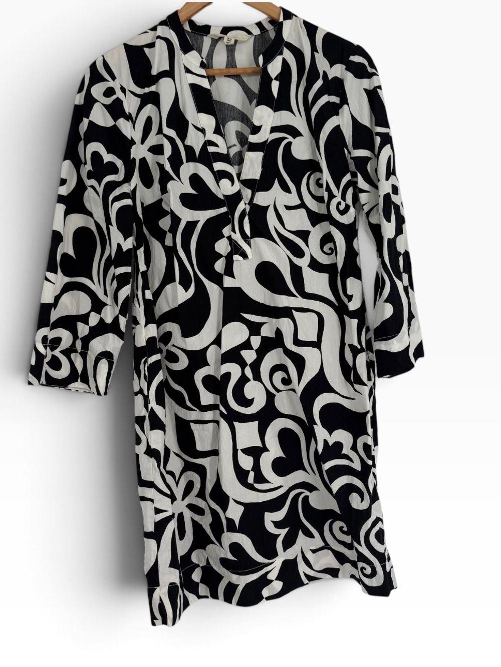 Boden Black White Notch Neck Mini Shift Dress Size 6L Cotton Cuffed Sleeves